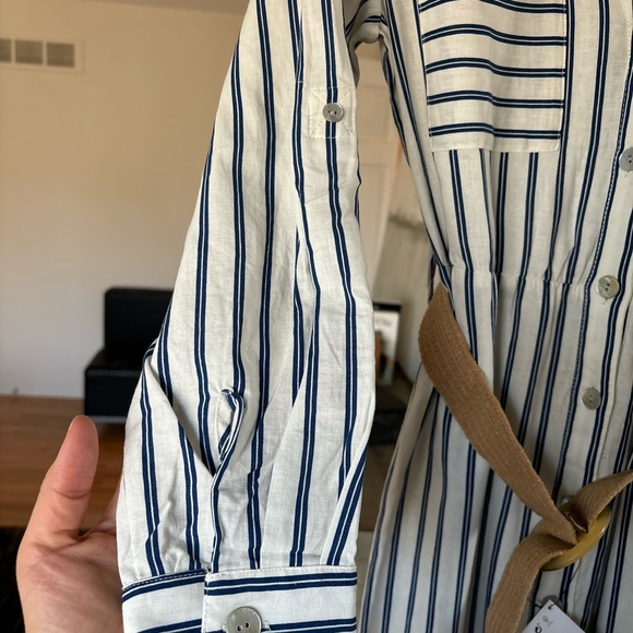 Zara Linen blend navy Striped Button-Down Dress with Belt - Picture 8 of 12
